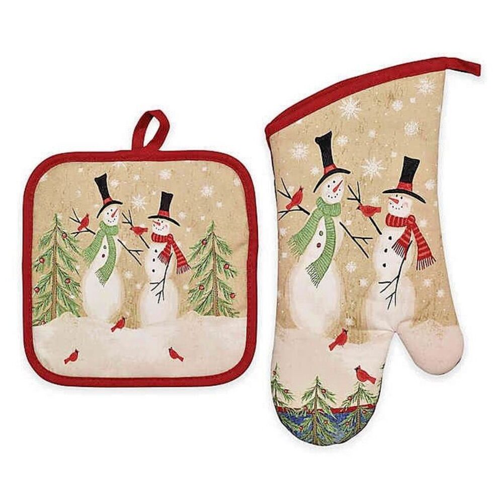 AVANTI Christmas Snowman Cotton Potholder Oven Mitt Set Of 2 Holiday Winter